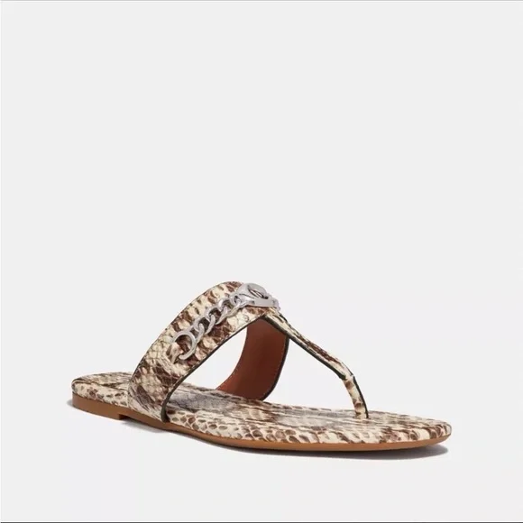 Coach EUC Jaclyn Python Embossed Leather Logo Chain Thong Sandals Sz 7.5B - Picture 6 of 6